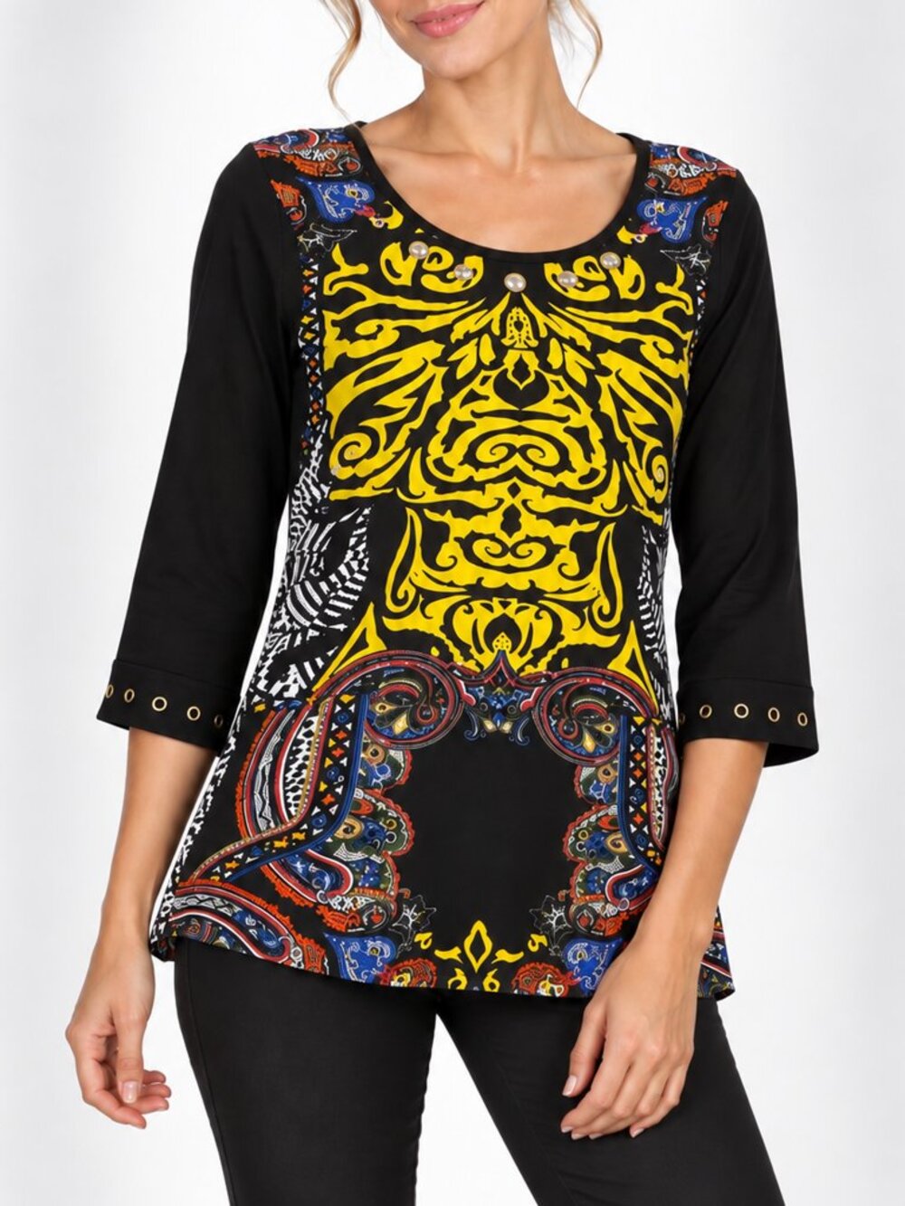 Calessa Women’s Medium Mixed Print Paisley Tunic Top Grommet Detail